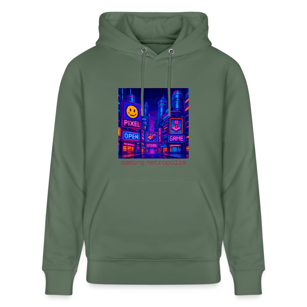 Organic Hoody - Neon Pixel City - cypress green