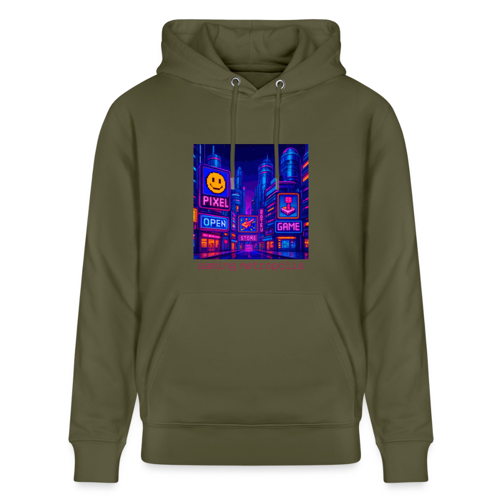 Organic Hoody - Neon Pixel City - khaki green