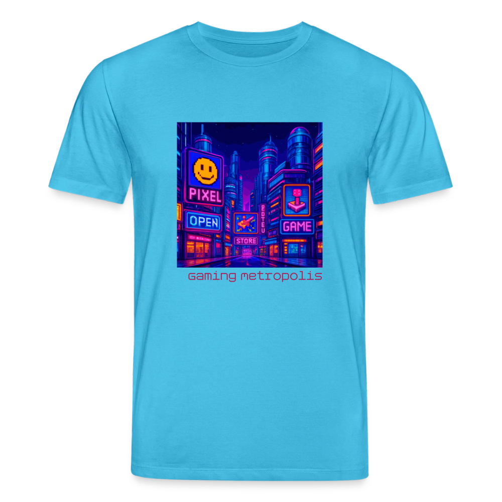 Organic T-Shirt - Neon Pixel City - aqua blue