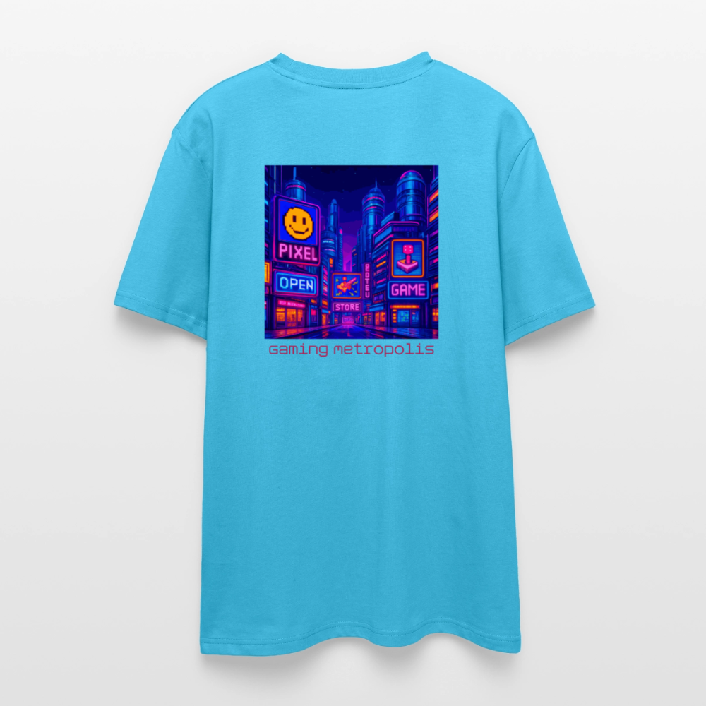 Organic T-Shirt - Neon Pixel City - aqua blue