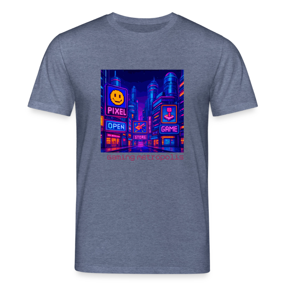 Organic T-Shirt - Neon Pixel City - dark heather blue