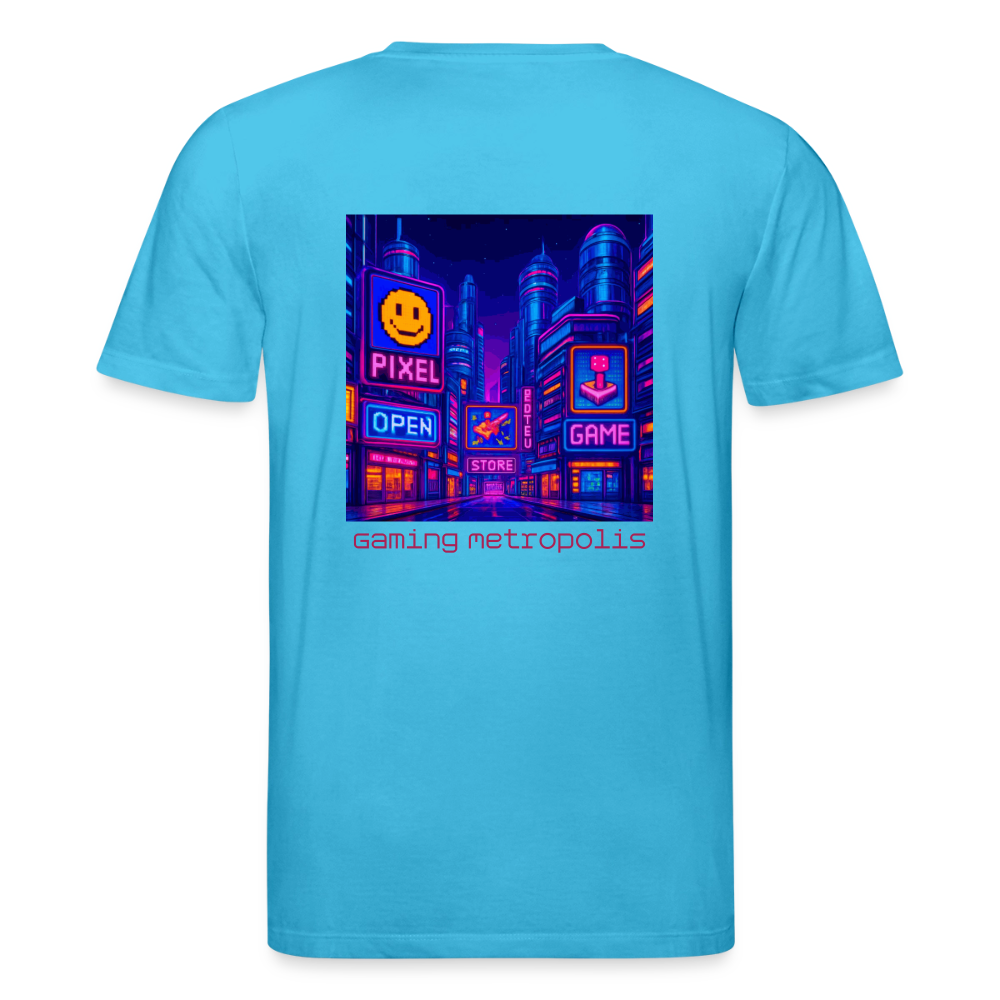 Organic T-Shirt - Neon Pixel City - aqua blue