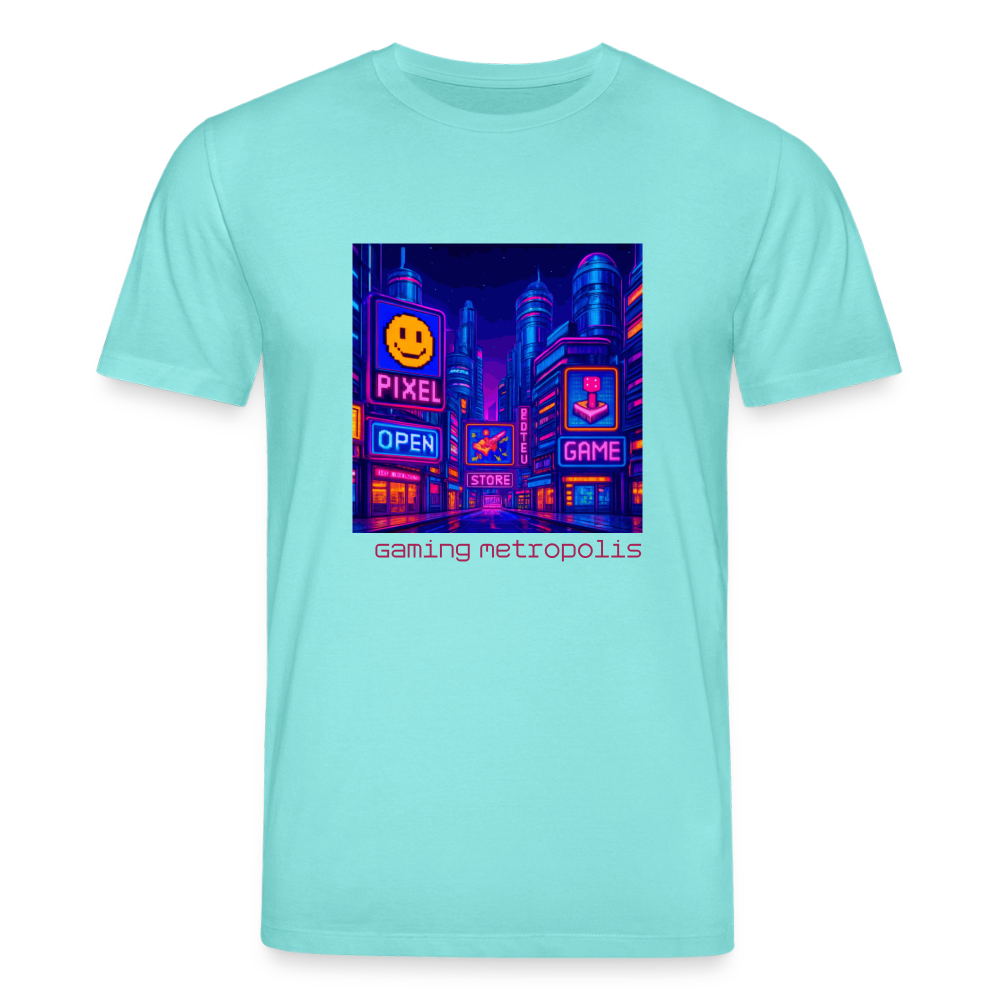 Organic T-Shirt - Neon Pixel City - pool blue